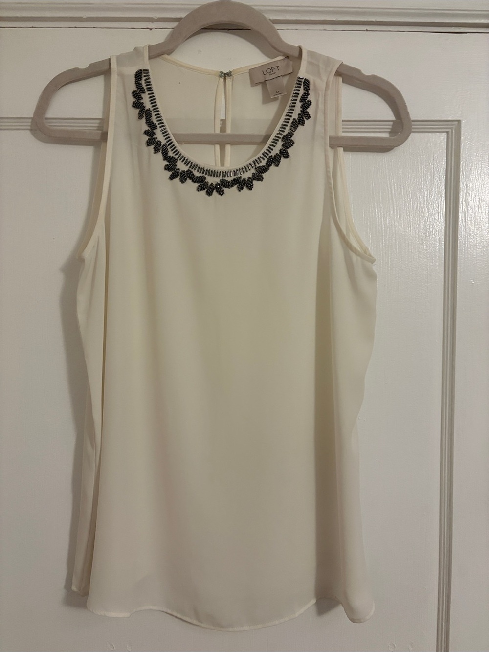 LOFT Cream Sleeveless Blouse with Beaded Neckline